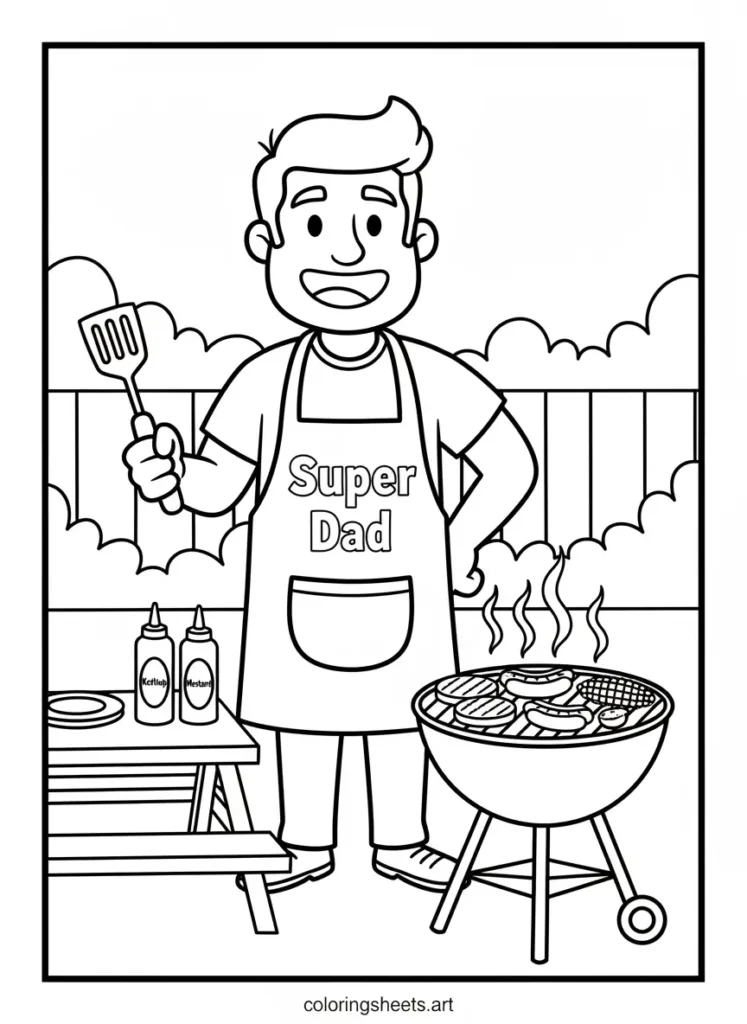 Super dad grilling burgers in the backyard coloring page