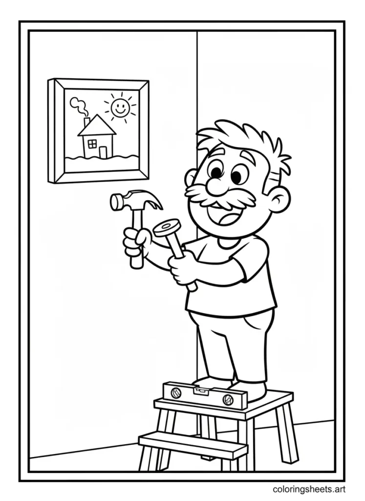 Super dad hanging a picture frame on the wall coloring page