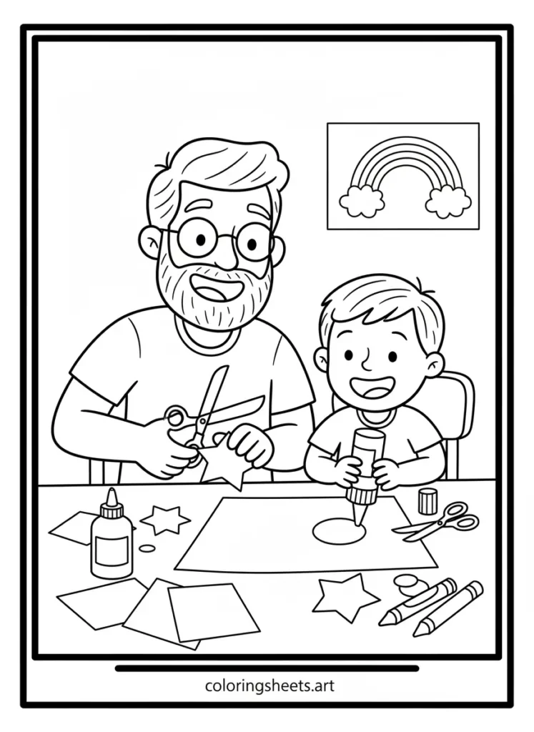 Super dad helping his child with an art project coloring page