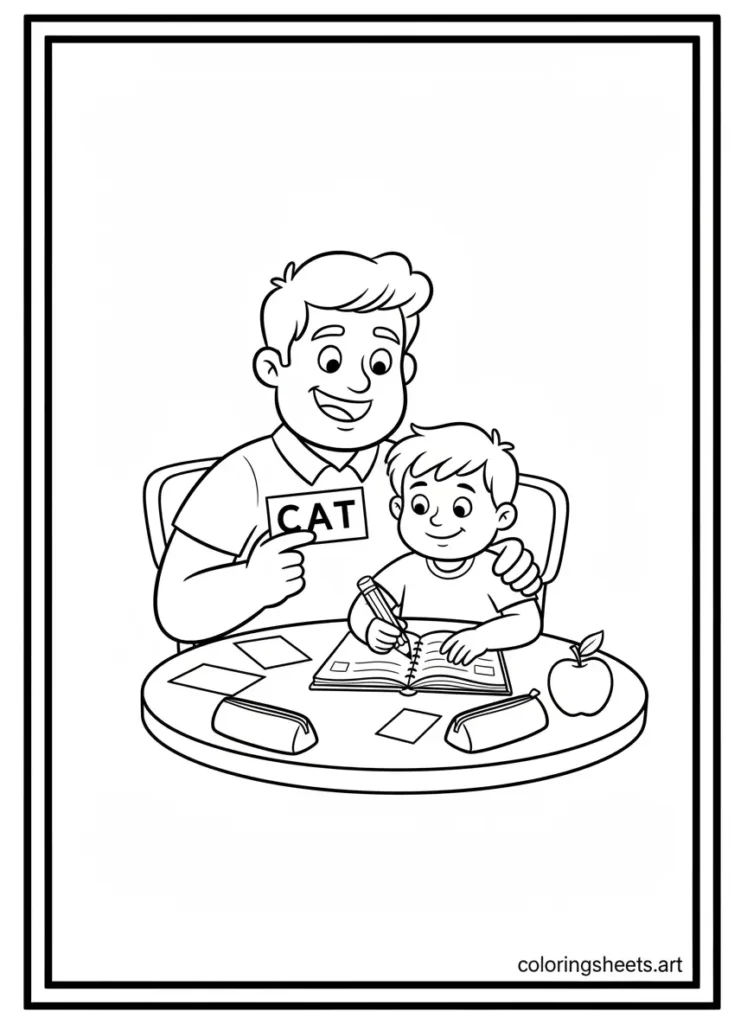 Super dad helping his child with spelling words coloring page