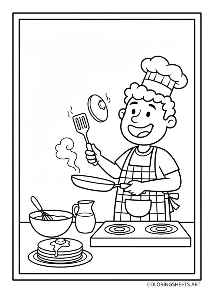Super dad making pancakes for breakfast coloring page