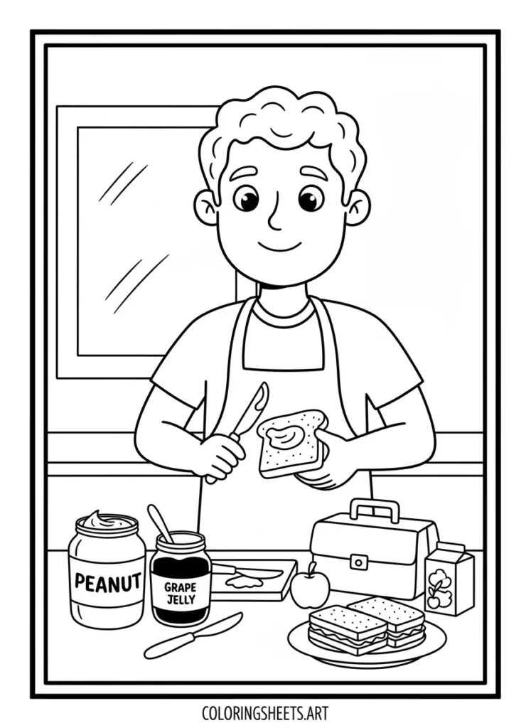 Super dad making sandwiches for kids' lunch coloring page