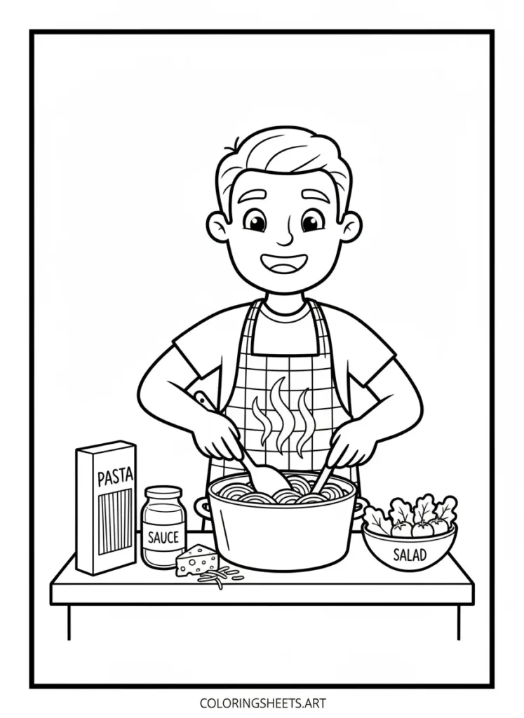 Super dad making spaghetti dinner coloring page