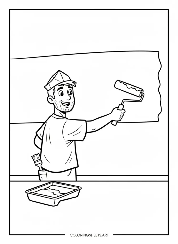 Super dad painting a room with a roller coloring page