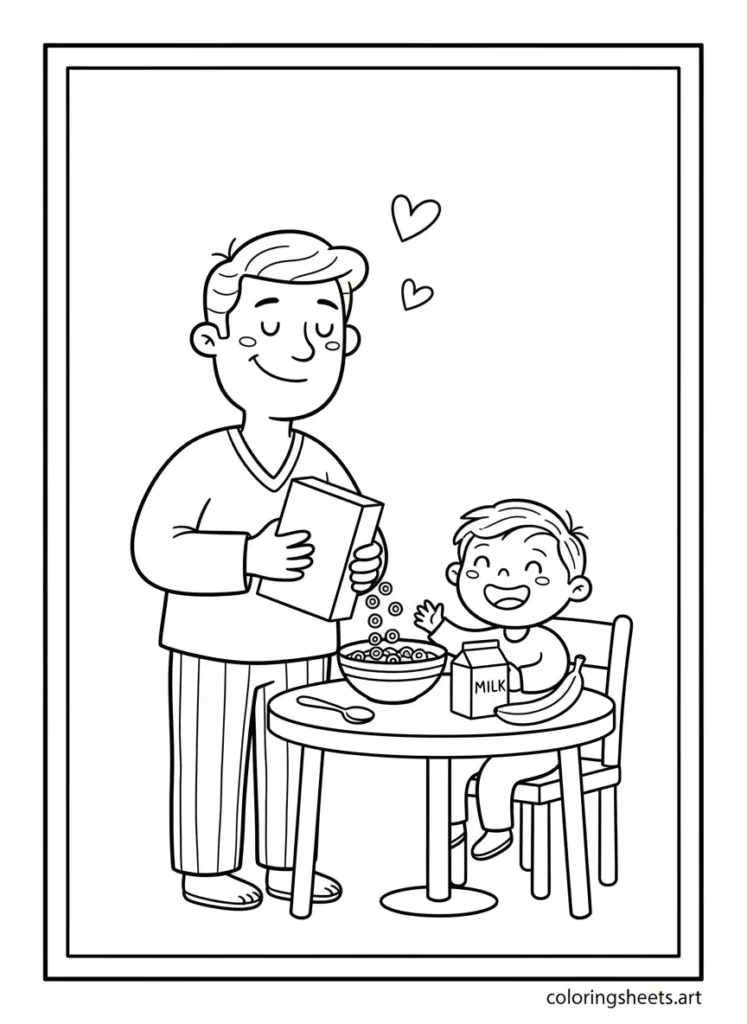Super dad pouring cereal for his child's breakfast coloring page