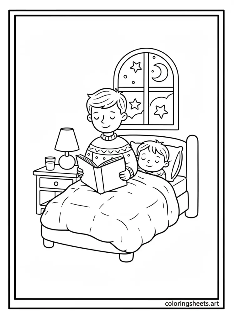 Super dad reading a bedtime story to his child coloring page