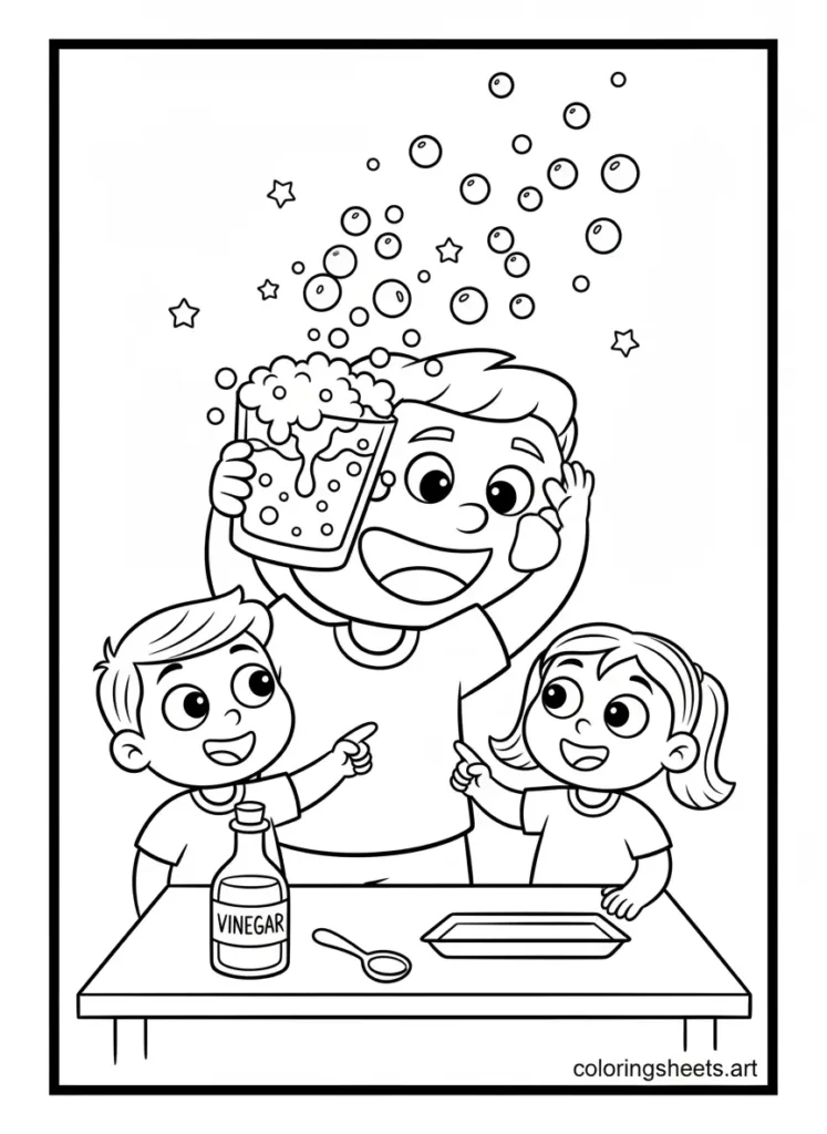 Super dad doing a simple science experiment with kids coloring page