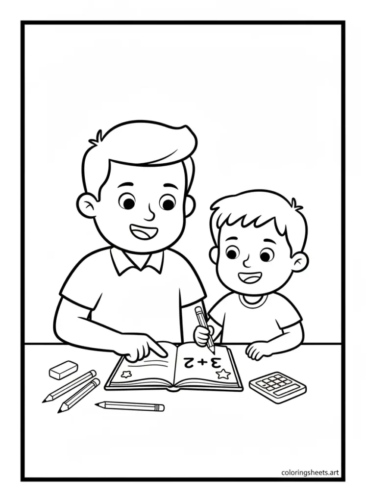 Super dad teaching math to his child coloring page