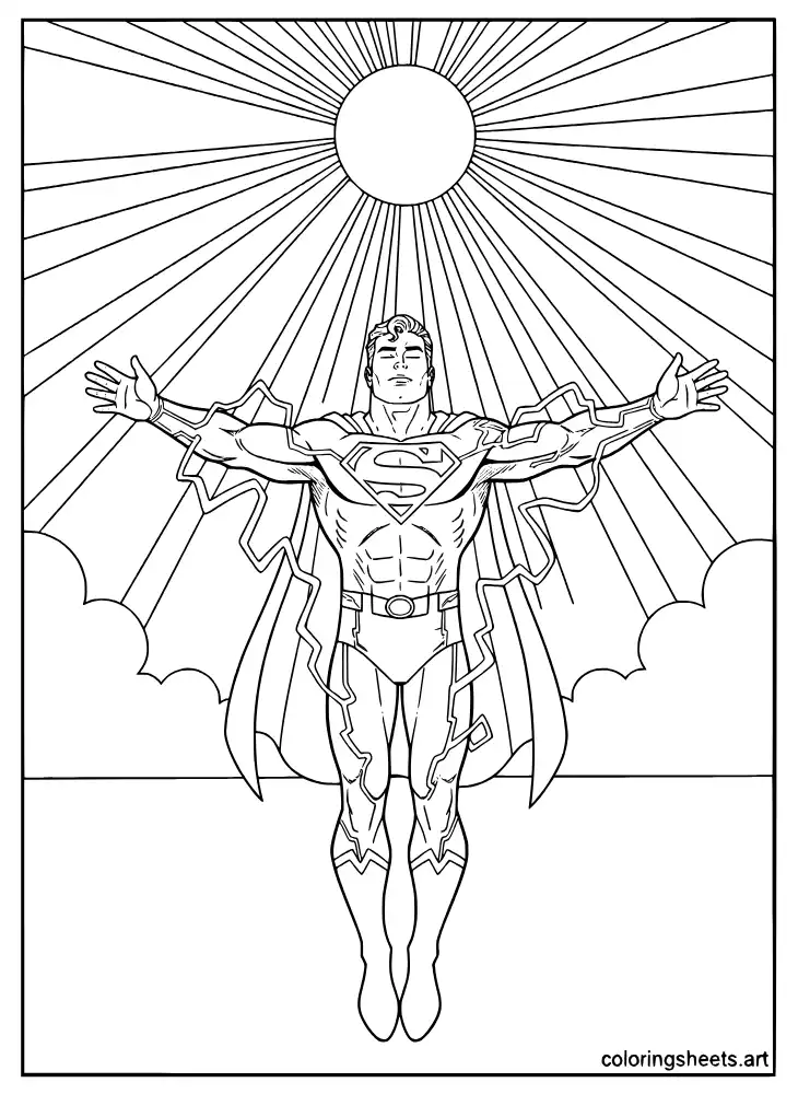 Superman absorbing power from the yellow sun with arms spread wide coloring page