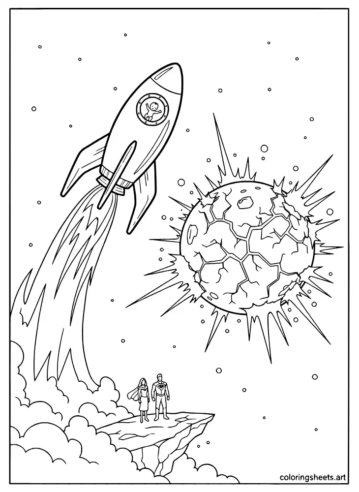Baby Kal-El launched in rocket ship from crumbling planet Krypton coloring page