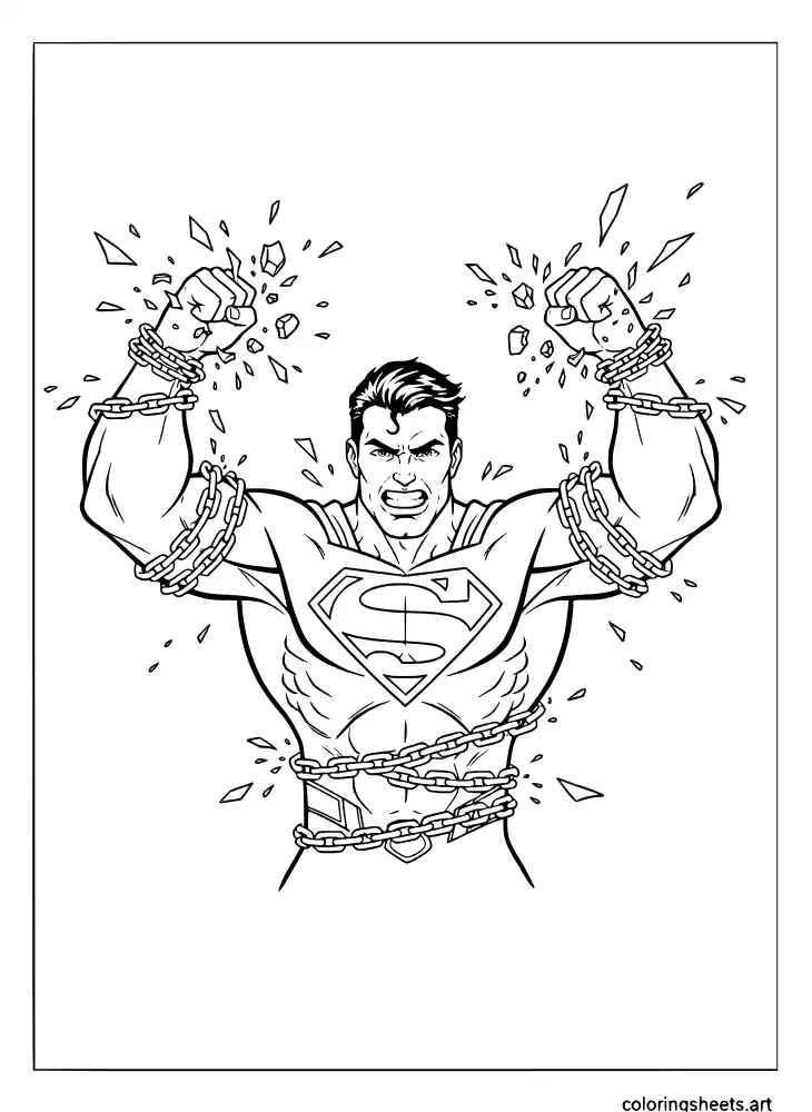 Superman breaking free from kryptonite chains with full strength coloring page