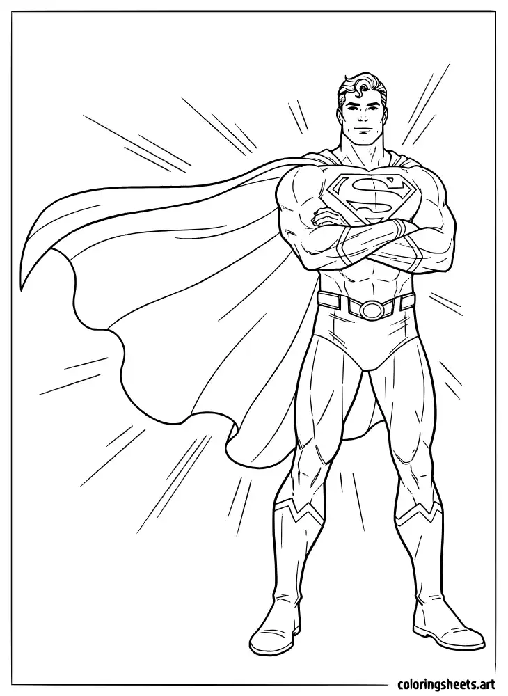 Superman standing tall with cape billowing in the wind coloring page
