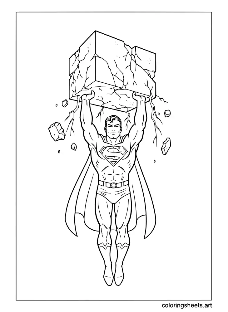 Superman catching a crumbling skyscraper to save Metropolis coloring page