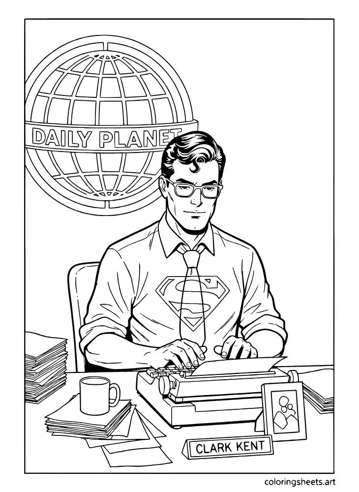 Clark Kent working at his Daily Planet newsroom desk coloring page