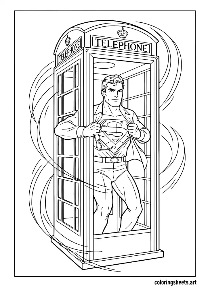 Clark Kent changing into Superman inside a phone booth coloring page