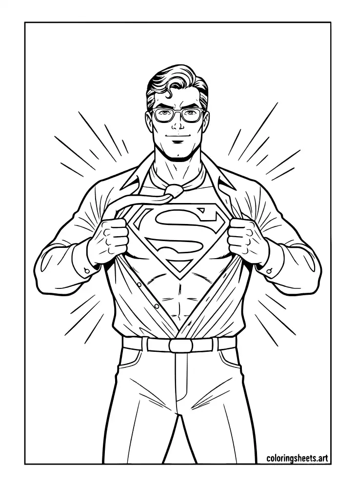 Clark Kent ripping open shirt to reveal Superman S shield coloring page