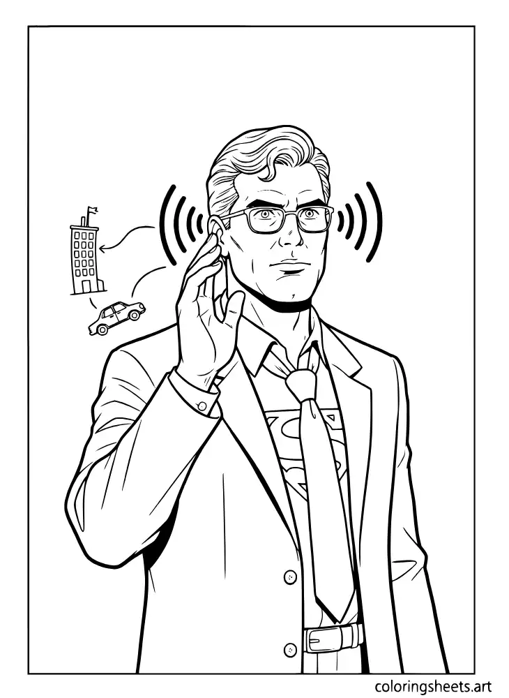 Clark Kent using super hearing to detect danger coloring page