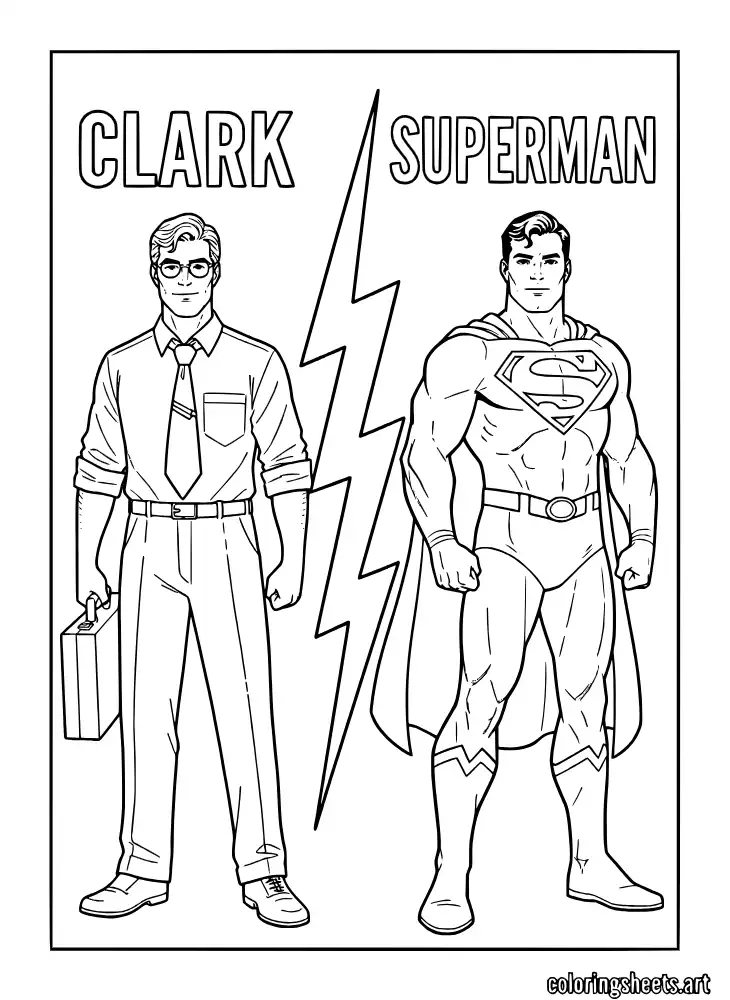 Clark Kent and Superman split identity side by side coloring page