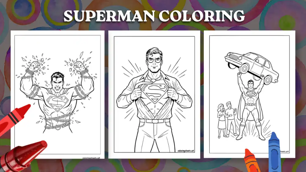 Superman coloring pages collection showing breaking chains, Clark Kent shirt rip, and lifting car