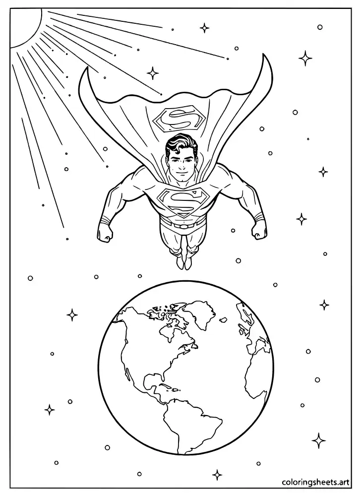 Superman flying above planet Earth seen from space coloring page