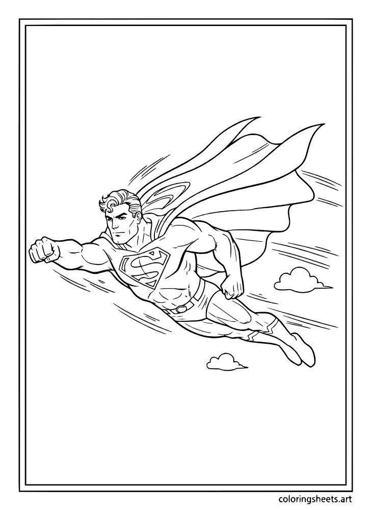 Superman flying fist forward in classic hero pose coloring page