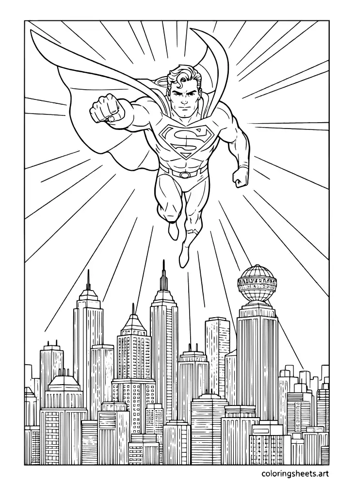 Superman flying over the Metropolis city skyline coloring page