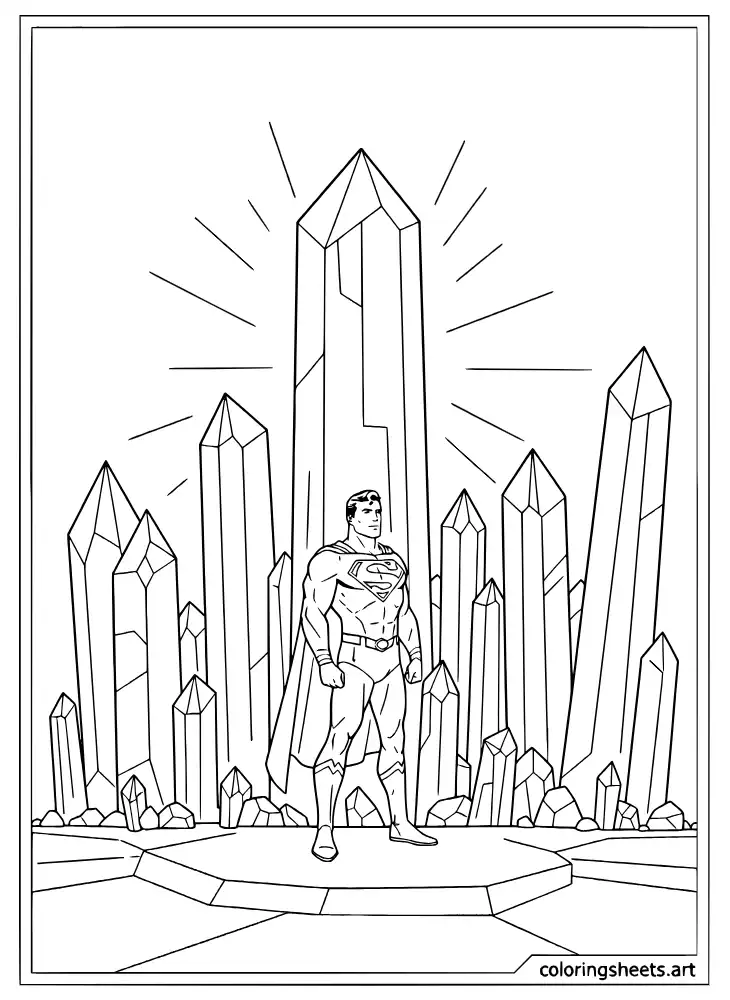 Superman standing inside the Fortress of Solitude crystal palace coloring page