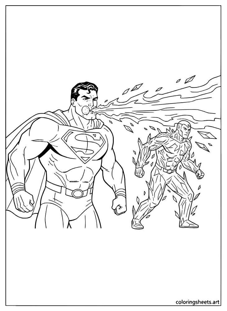 Superman using freeze breath to stop a villain coloring page