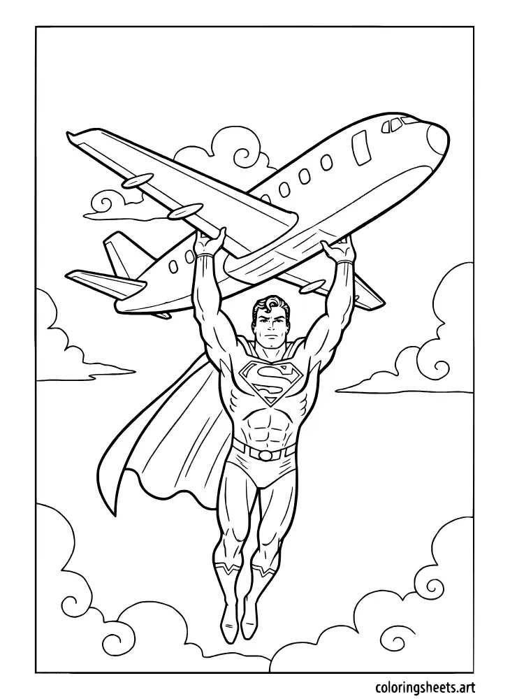 Superman holding up a crashing airplane in the sky coloring page