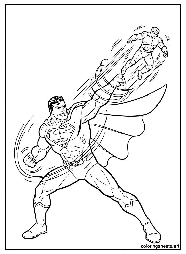Superman hurling a villain high into the sky coloring page