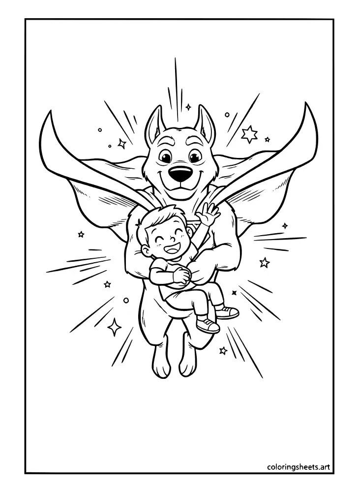 Krypto the Superdog rescuing a child in mid-air coloring page