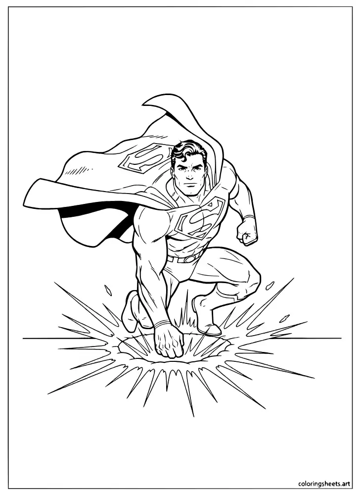 Superman landing from the sky with a shockwave coloring page