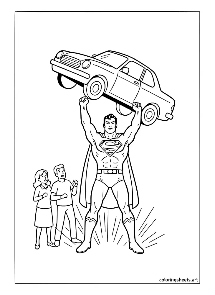 Superman lifting a car above his head to save people coloring page