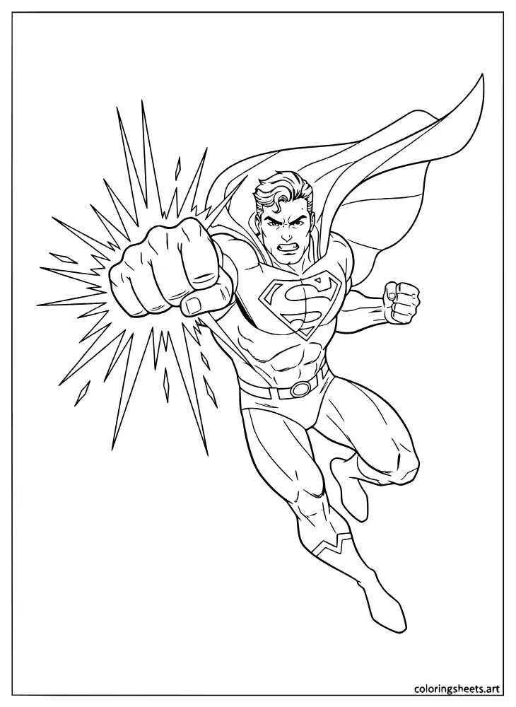Superman throwing a powerful punch in mid-air coloring page
