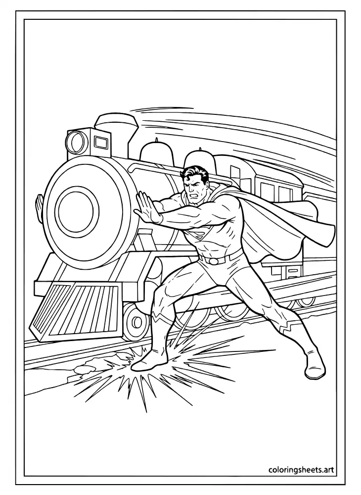 Superman stopping a runaway train with bare hands coloring page