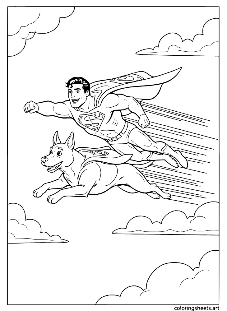 Superman and Krypto the Superdog flying side by side coloring page