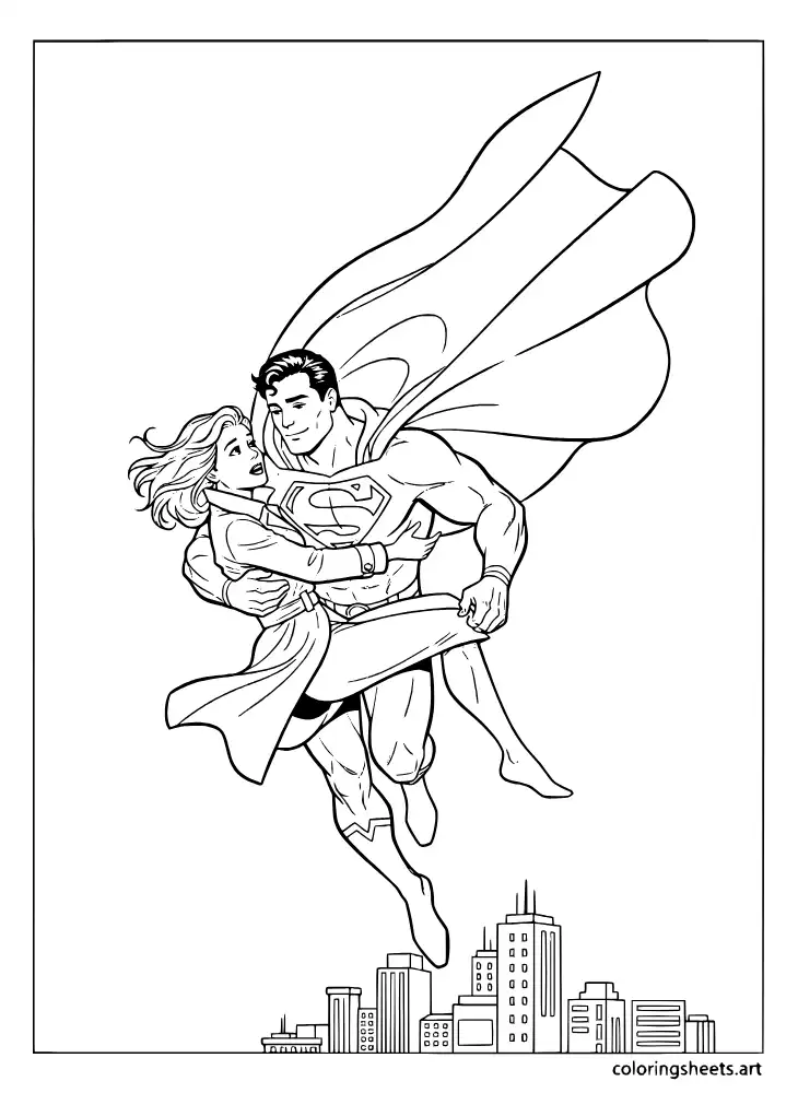 Superman catching Lois Lane falling from the sky coloring page