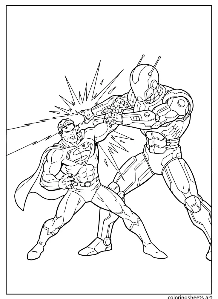 Superman battling Brainiac the robot villain coloring page