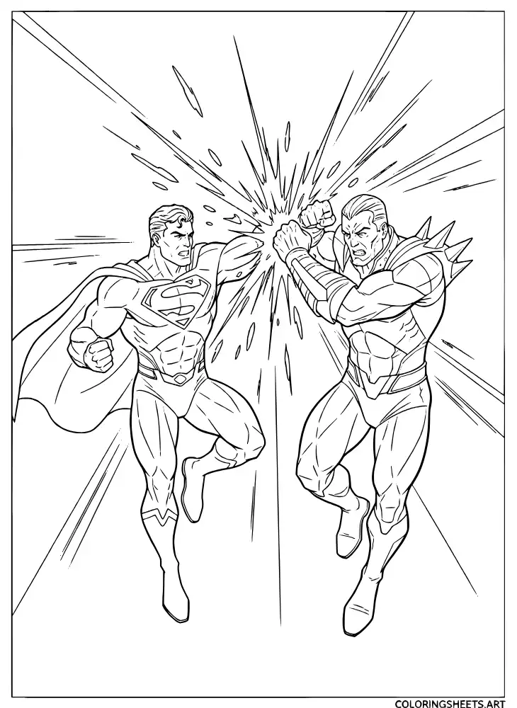 Superman fighting General Zod in a mid-air battle coloring page