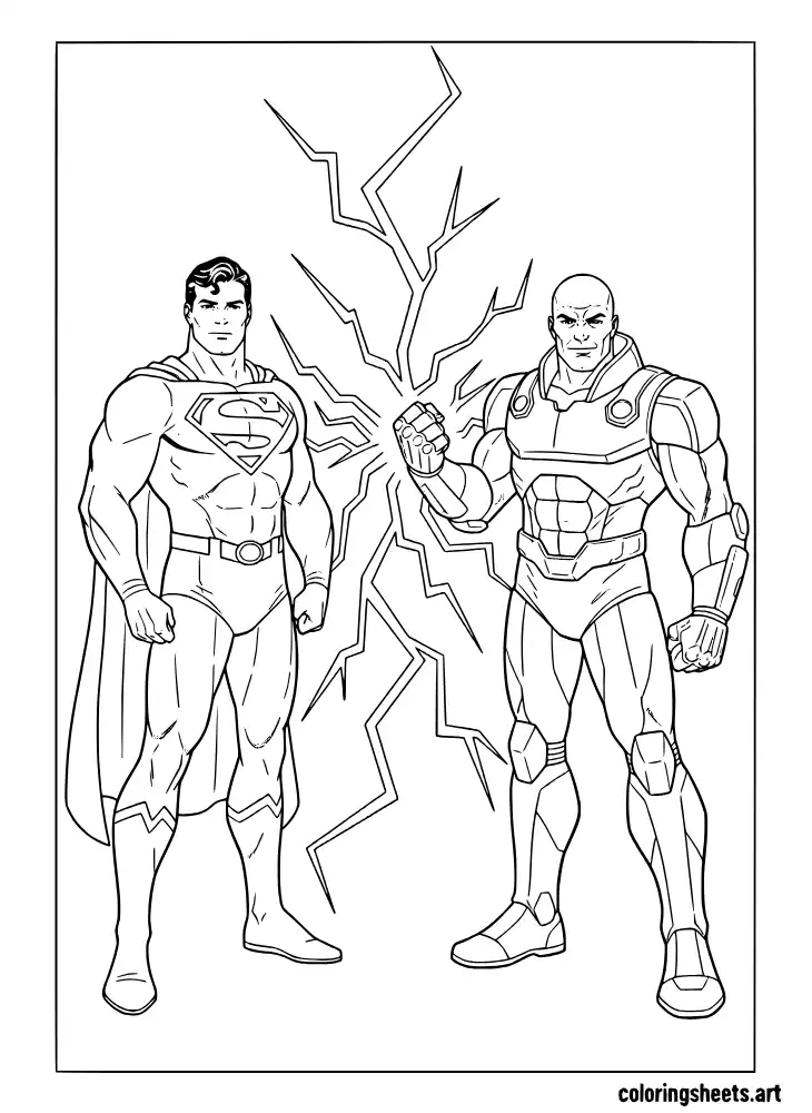 Superman facing off against Lex Luthor in battle coloring page