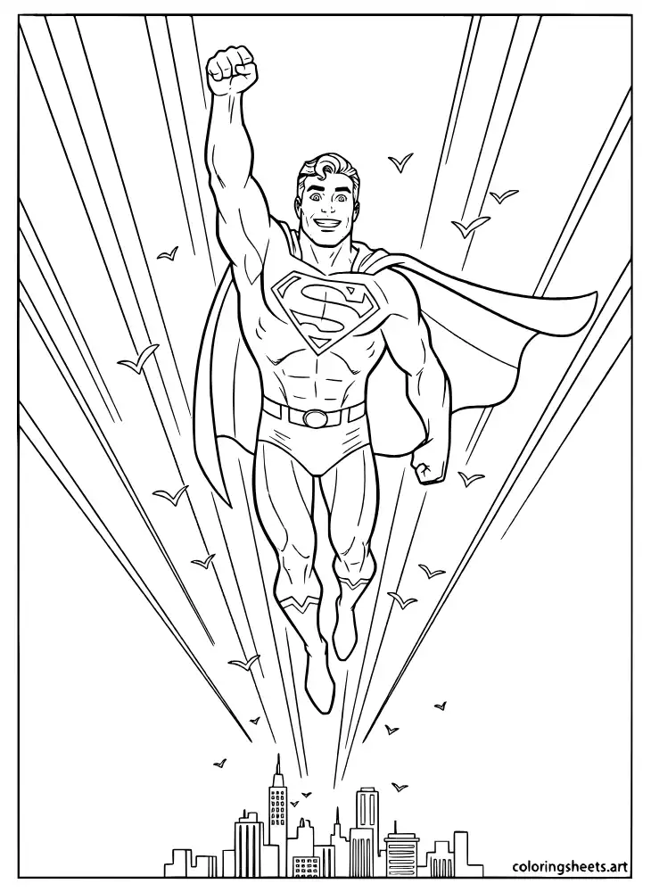Superman taking his very first flight into the sky with joy coloring page