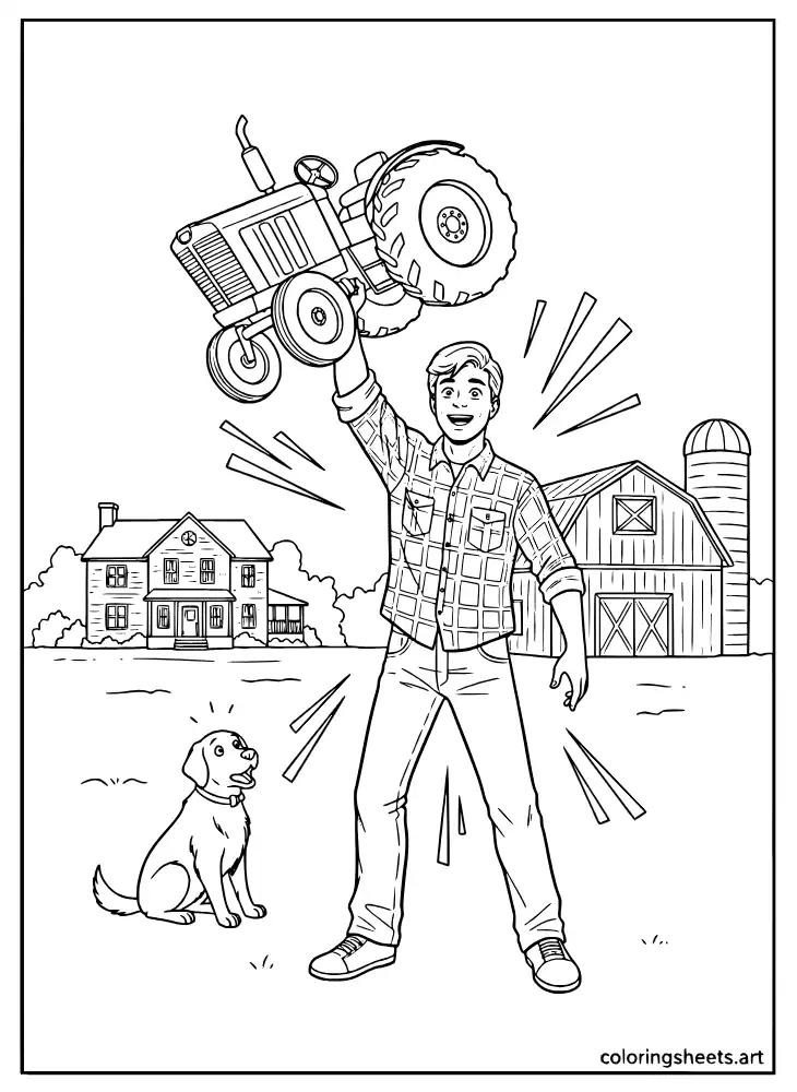 Young Clark Kent discovering super strength on the farm coloring page