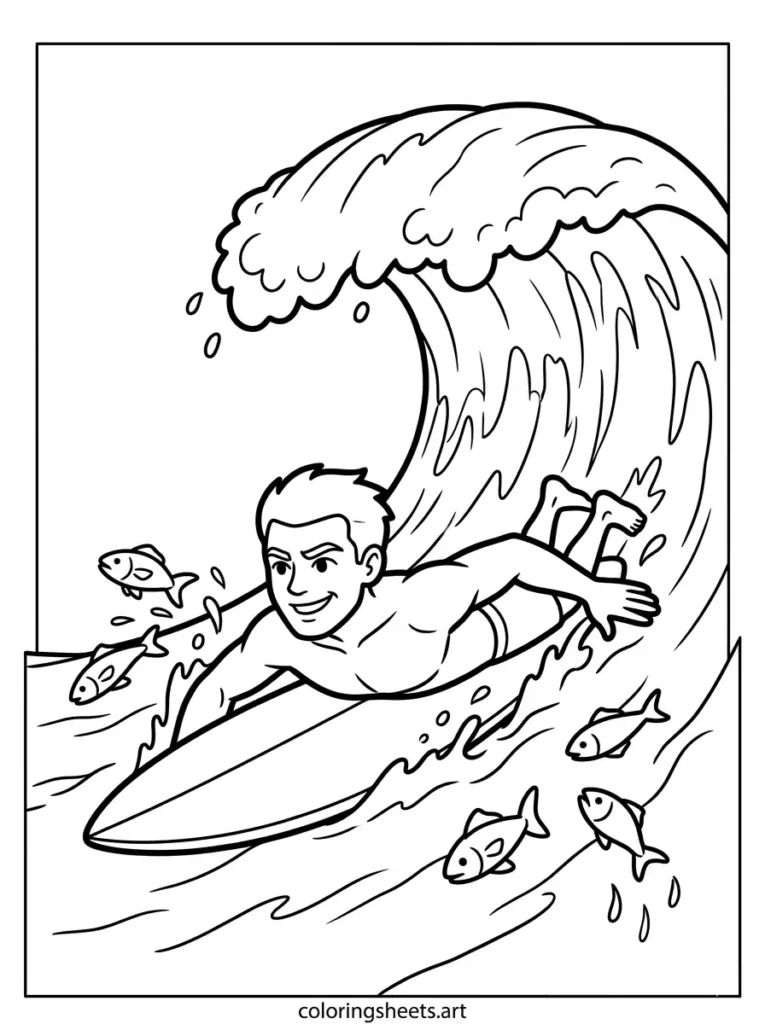 Surfer catching a big ocean wave coloring page free printable PDF for kids