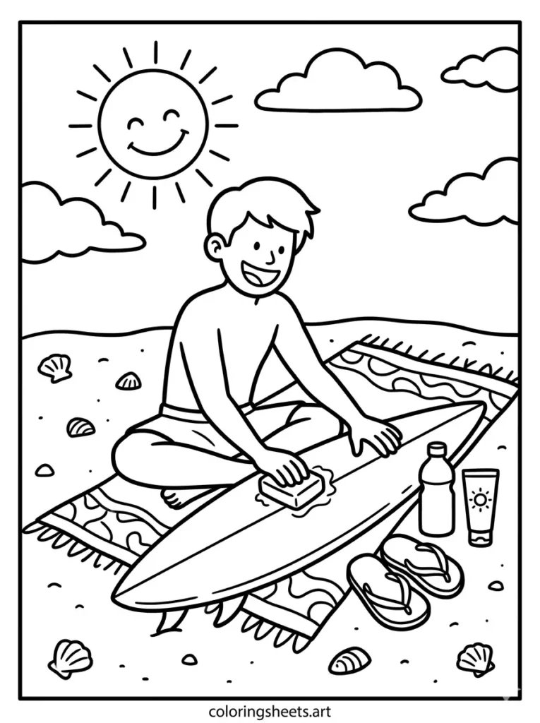 Surfer waxing a surfboard on a sunny beach coloring page for kids printable PDF