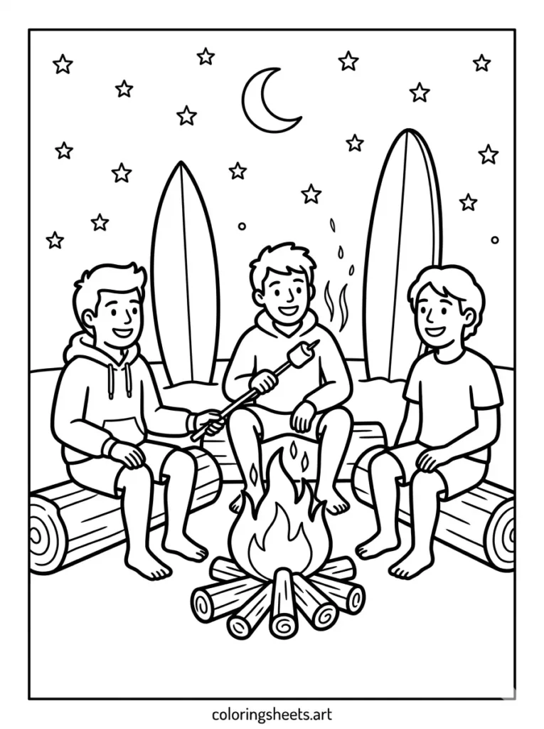 Surfers roasting marshmallows at a beach bonfire coloring page for kids