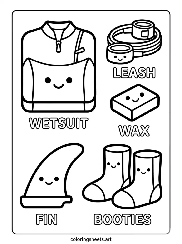 Surfing gear set wetsuit leash wax fins coloring page free printable PDF
