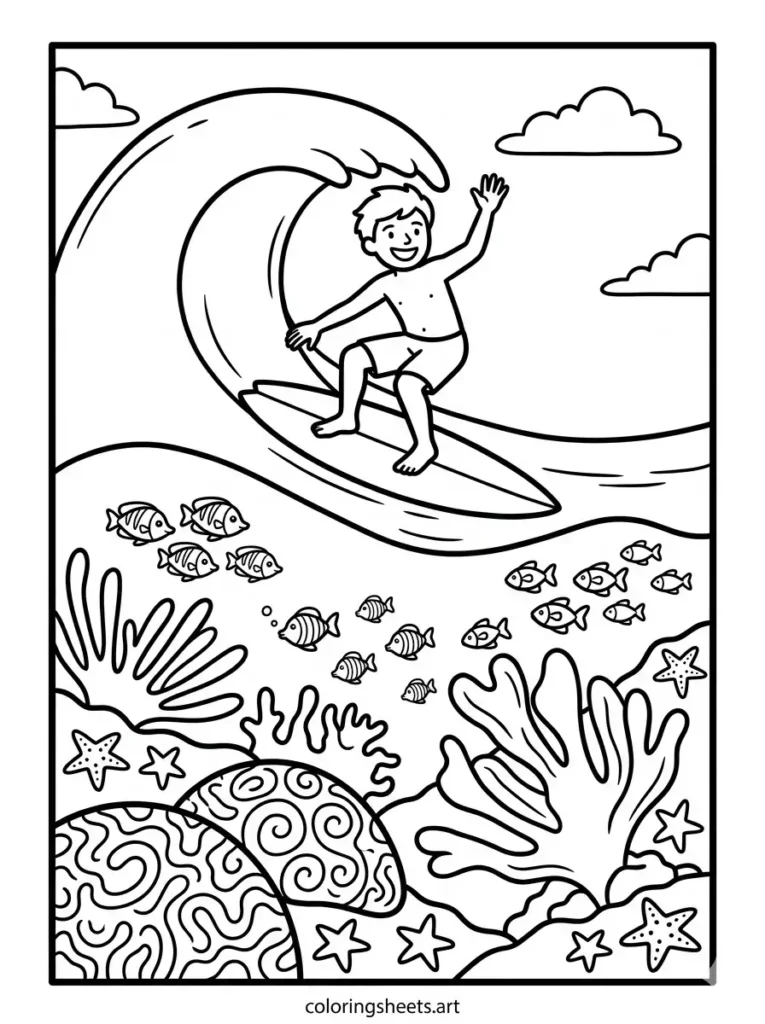 Surfing over a colorful coral reef coloring page for kids printable PDF