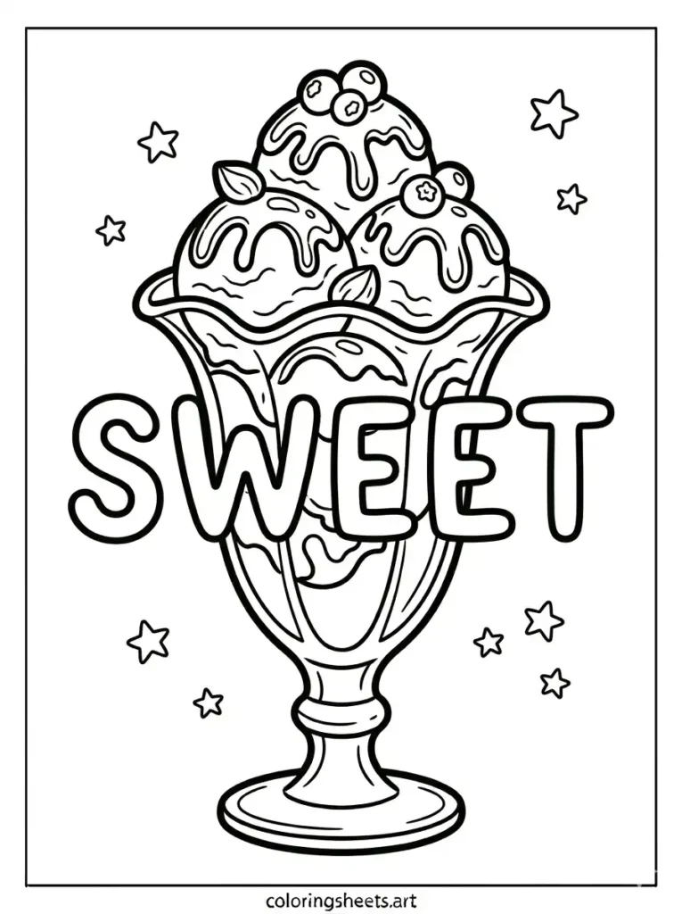 SWEET text on big sundae glass coloring page for kids