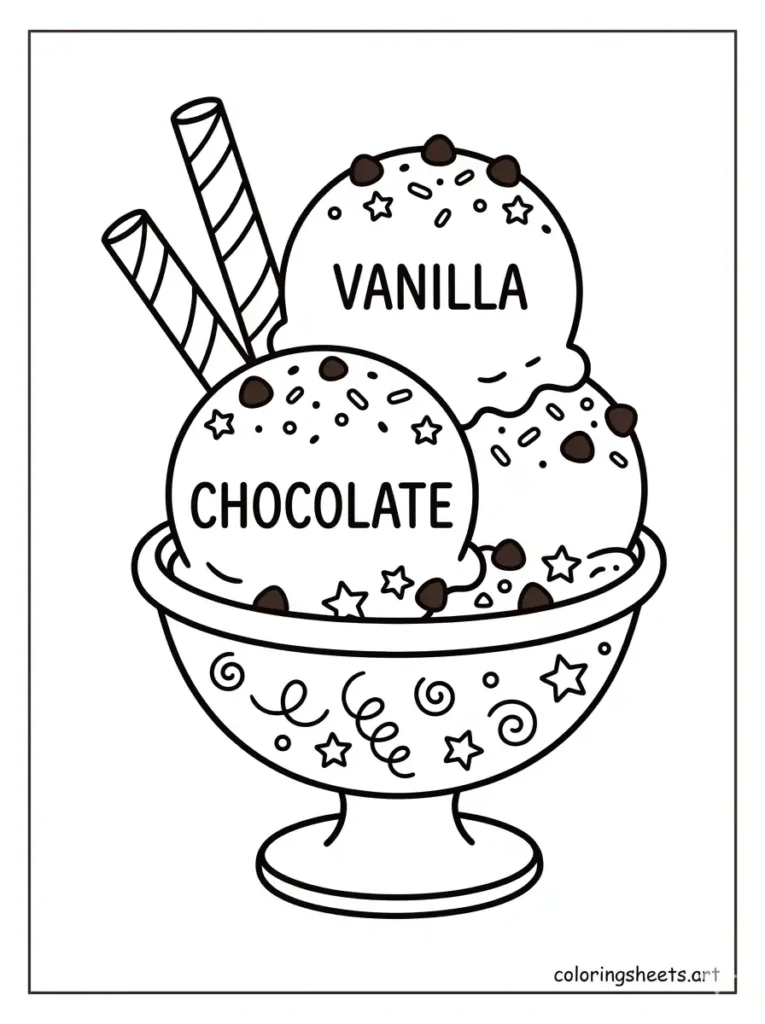Sweet sundae with waffle rolls and sparkles coloring page for kids