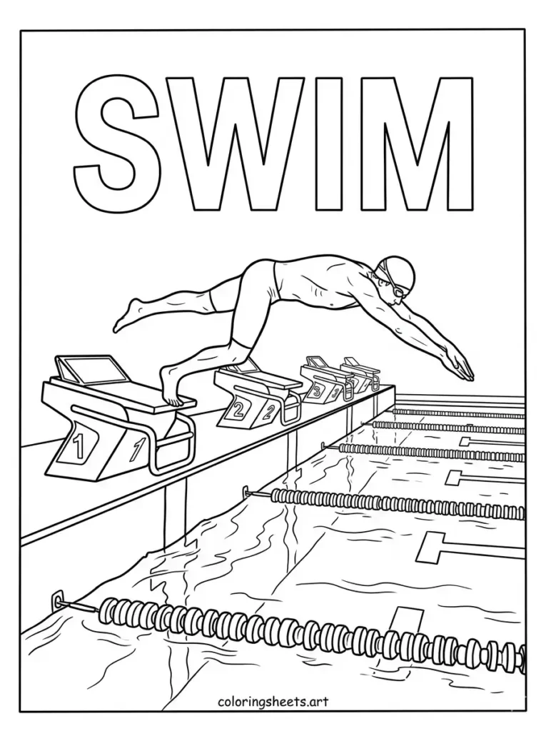 An athlete diving off a starting block into a lap pool with swim text, free printable coloring sheets coloring page
